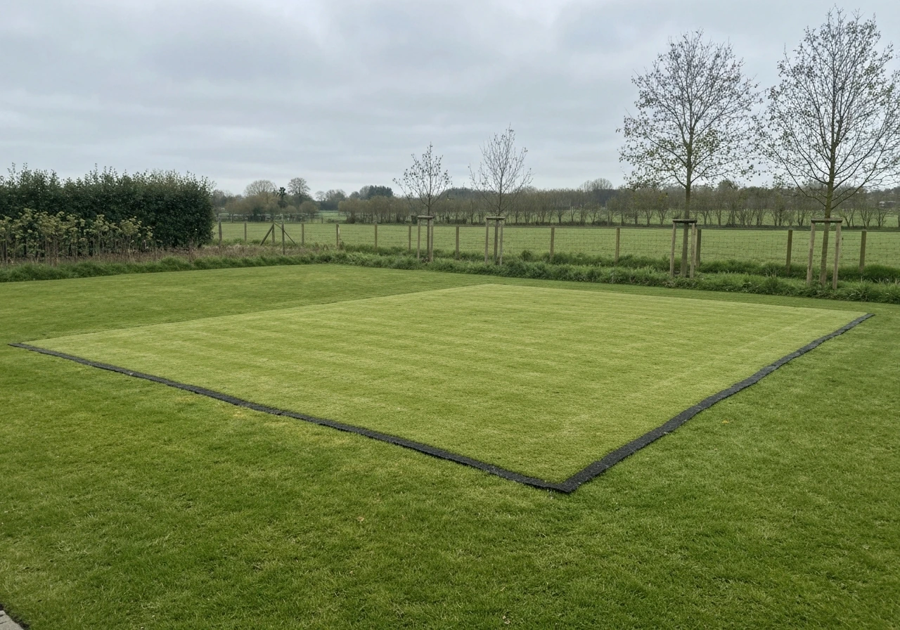 Breed zicht op een egaal, groen Nederlands gazon in een tuin met zachte schaduwen in natuurlijk licht.