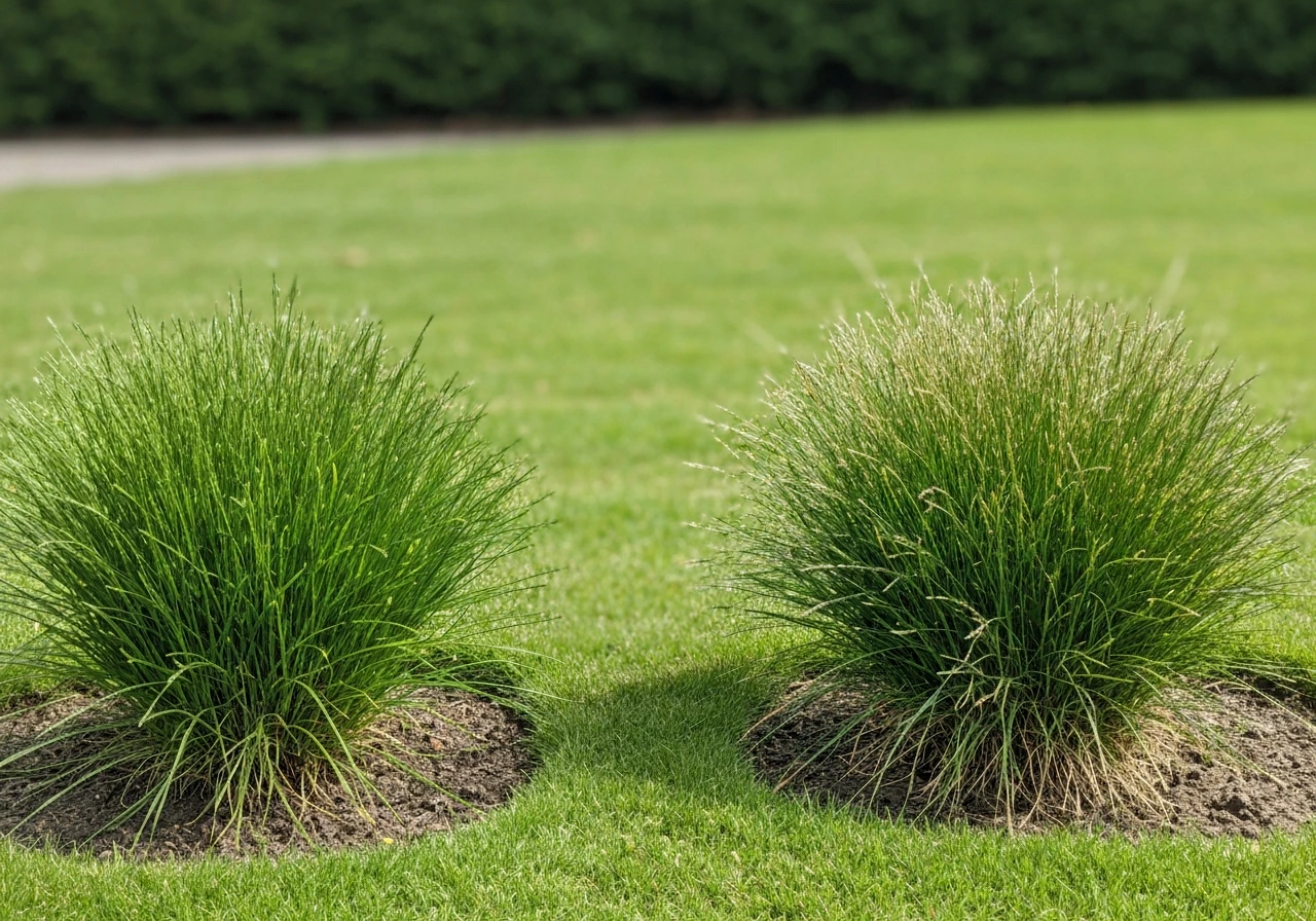 Close-up van gras met zon en schaduw op een gazon, met verschillende grassoorten in een rustige buitenomgeving.