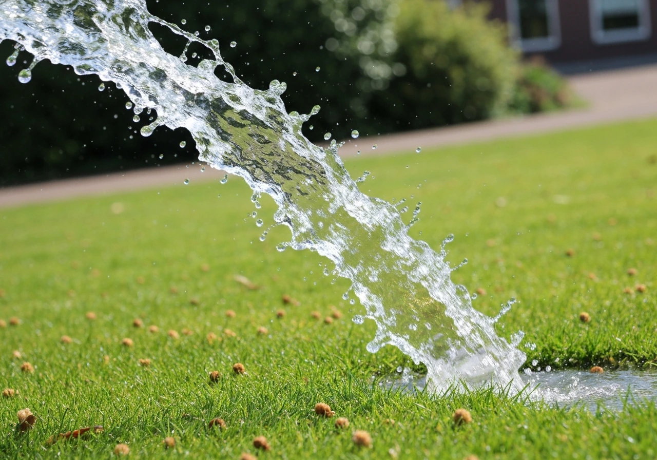 Gazon dat diep wordt beregend met een sproeier, zichtbaar natte graspolletjes na een watergift.