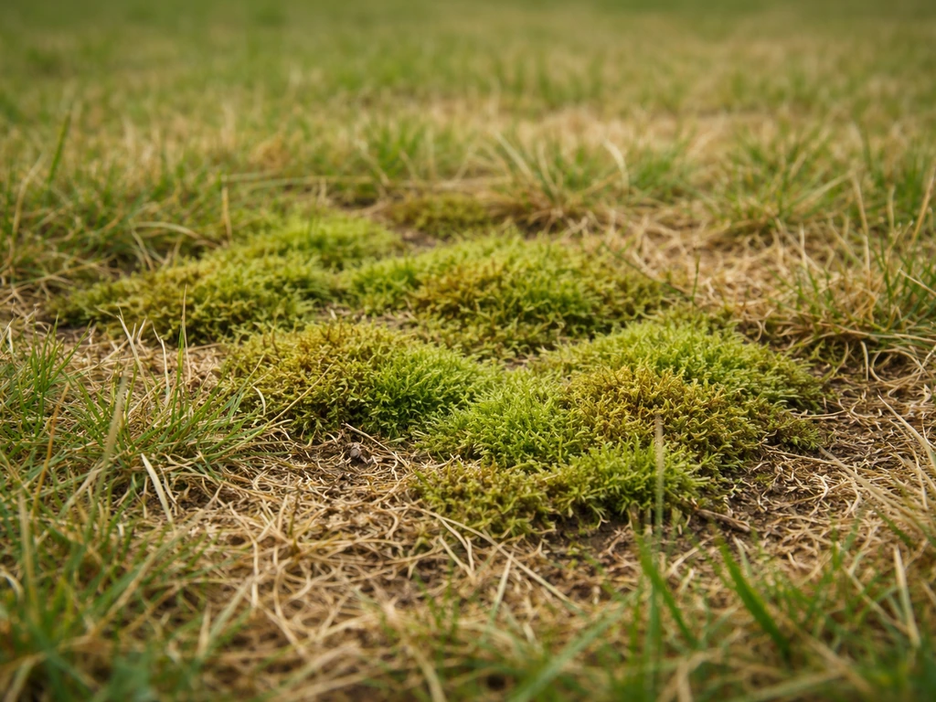 Close-up van mosplekken tussen gras in een gazon, met slechts weinig planten en een sombere bodem