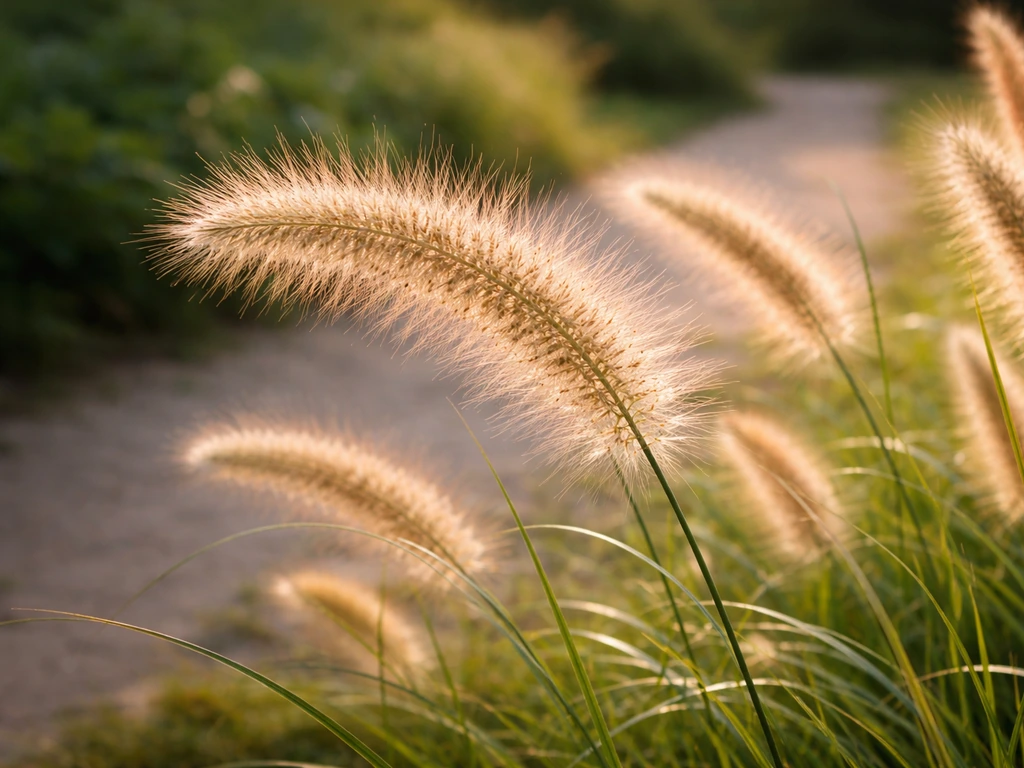 Afgeronde pollen van ponytail-achtig siergras in een Nederlandse tuin, zacht pluizige halmen in ochtendlicht.