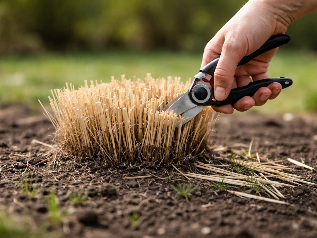 Tuinman knipt pol siergras (pony tail-achtig) terug tot net boven de grond, in vroege voorjaarstuin.