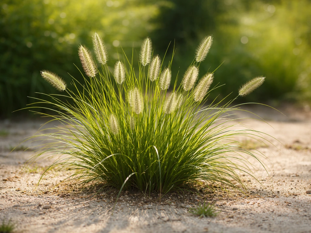 Pennisetum-achtig siergras met frisse bladeren en opkomende pluimen in een zonnige tuin