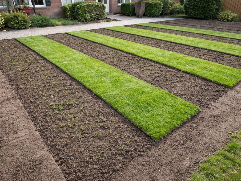 Nederlands gazon met afgebakende stroken: kale grond en nieuwe graszoden/verse inzaai voor het ‘voor en na’-effect.