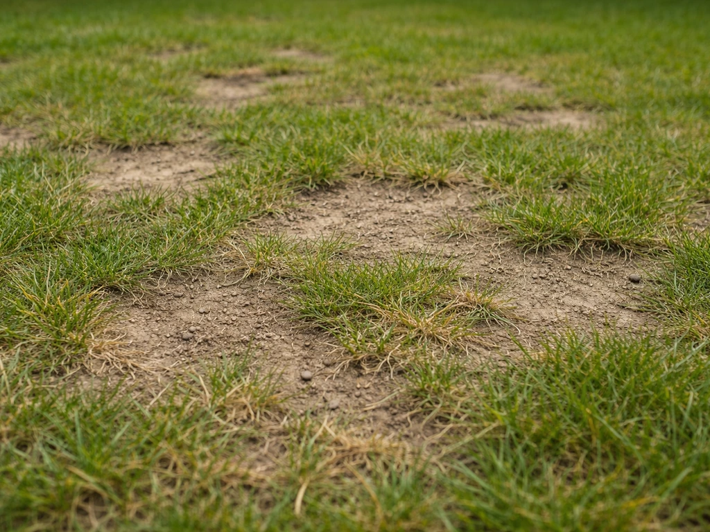 Close-up van dun gras met duidelijke kale plekken, wat wijst op noodzaak tot (deels) vervangen of renoveren.
