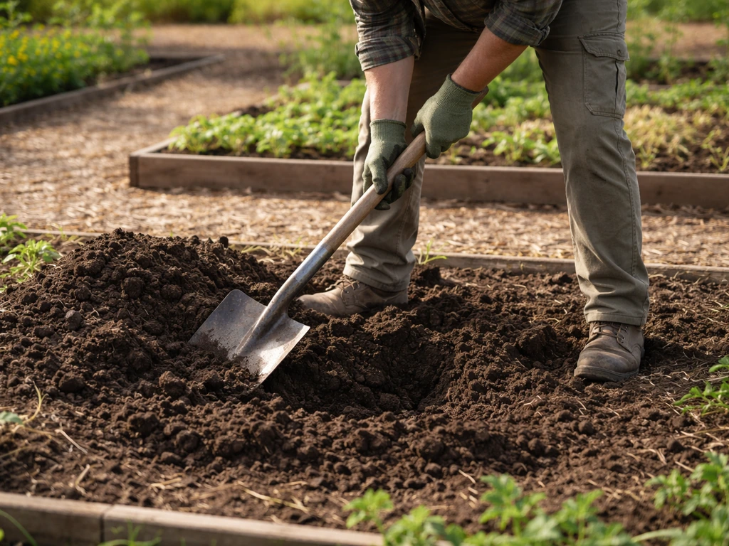 Tuinier maakt de grond los in een moestuinbed tot circa 10–25 cm en mengt compost/tuinaarde.