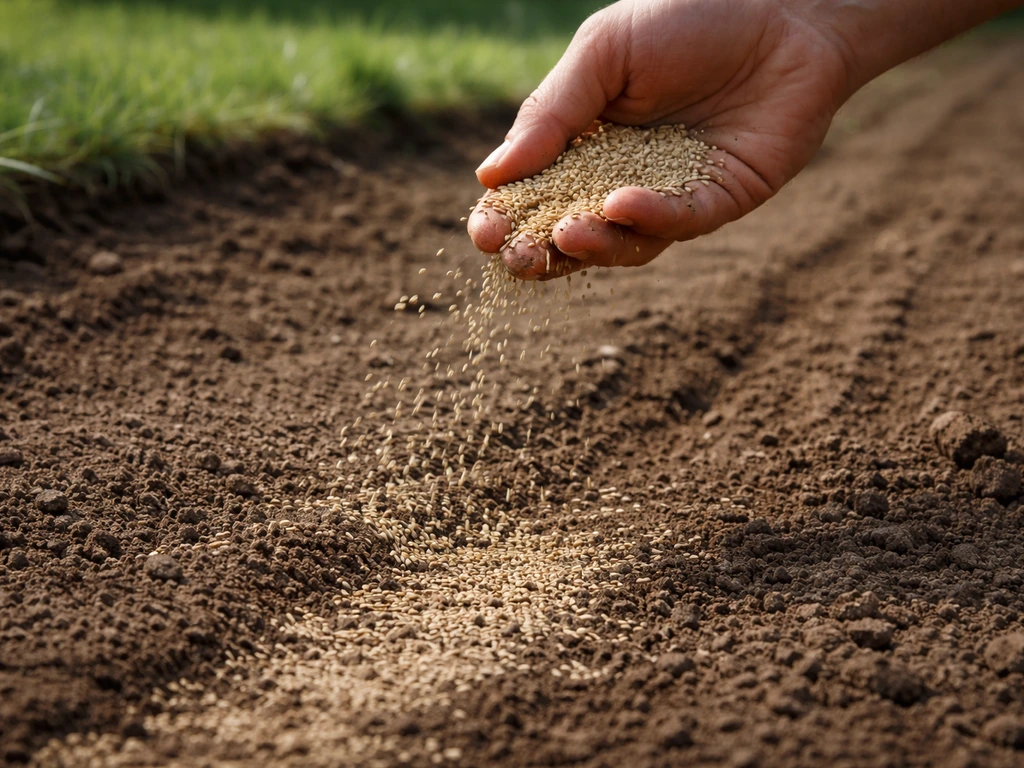 Hand strooit graszaad gelijkmatig over een pas voorbereide tuinbodem, met donkere aarde en fijn zaad