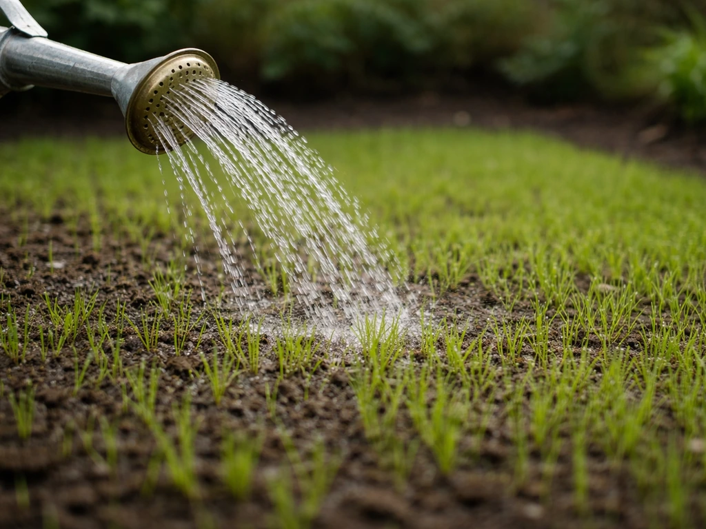 Vers nieuw gras dat net water krijgt uit een sproeier, met frisse groene groei in een tuin na aanleg.