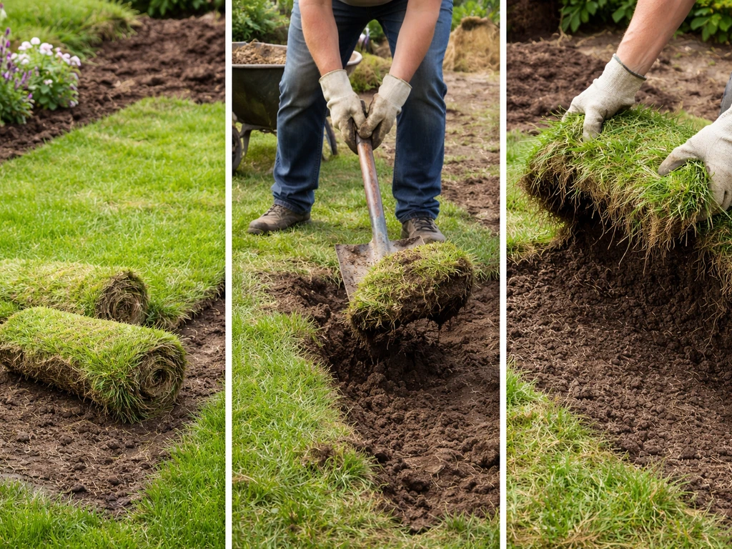 Drie tuin-situaties in één foto: klein gazon, grotere strook met spade en hardnekkige zoden met wortelmat.