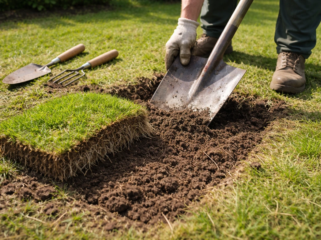Close-up van losgemaakte graszoden met zichtbaar wortelresten; spade werkt de grond los voor minder teruggroei.