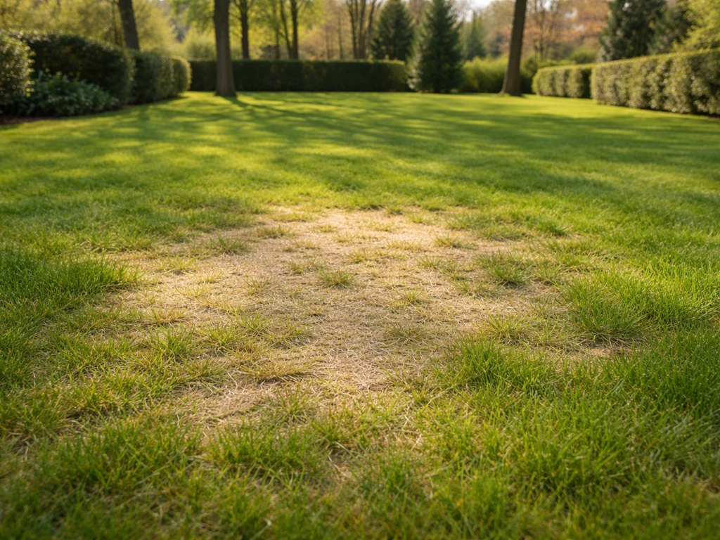 Nederlands gazon met gele, dorre plekken en omliggende groene zones die herstellen.