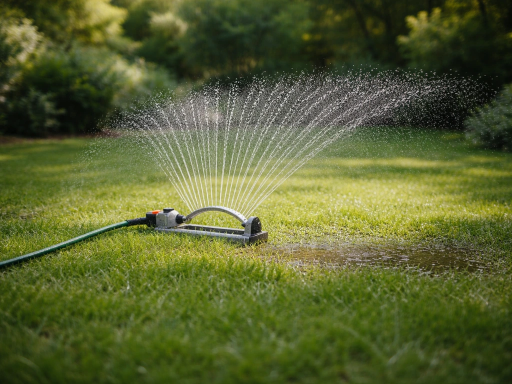 Gras met gerichte besproeiing: tuinslang en sproeier laten plekken goed doorweken voor vandaag.