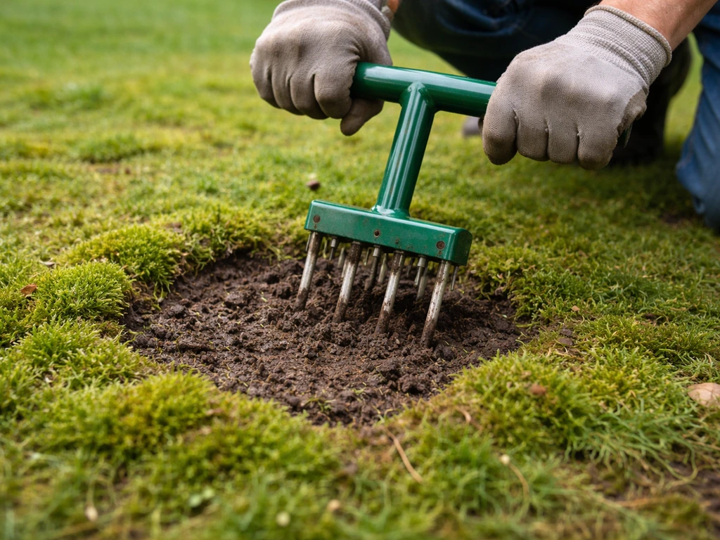Tuinier toont doorweektest met natte grond, mos en een beluchter prikt in een gazon met slechte waterafvoer.