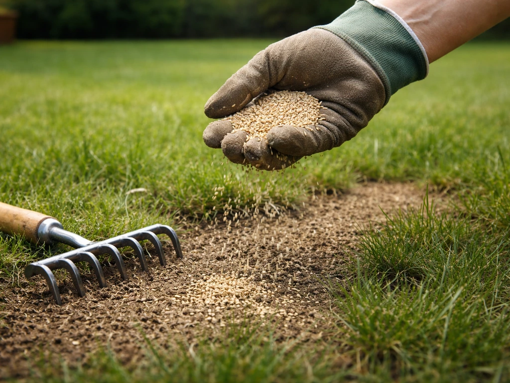 Anonieme tuinierhand strooit graszaad over een dun en gedeeltelijk dor gazon, met een hark voor licht inwerken.