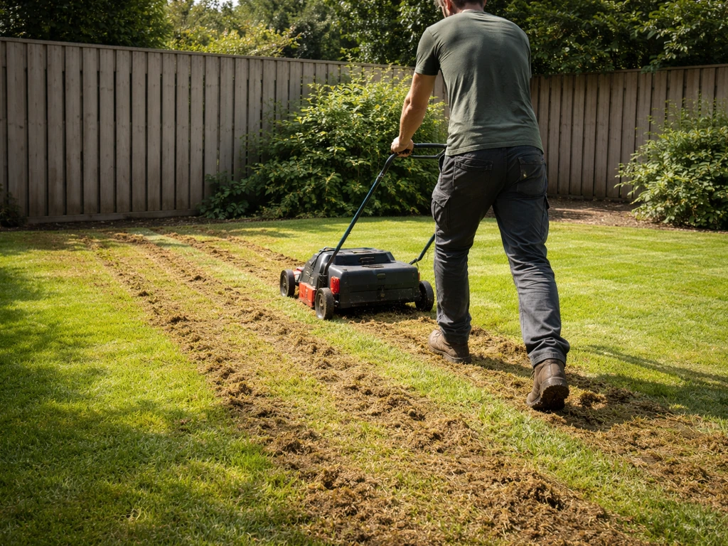 Tuinman belucht en verticuteert een gazon met een machine, vilt en aarde zichtbaar tussen de banen.