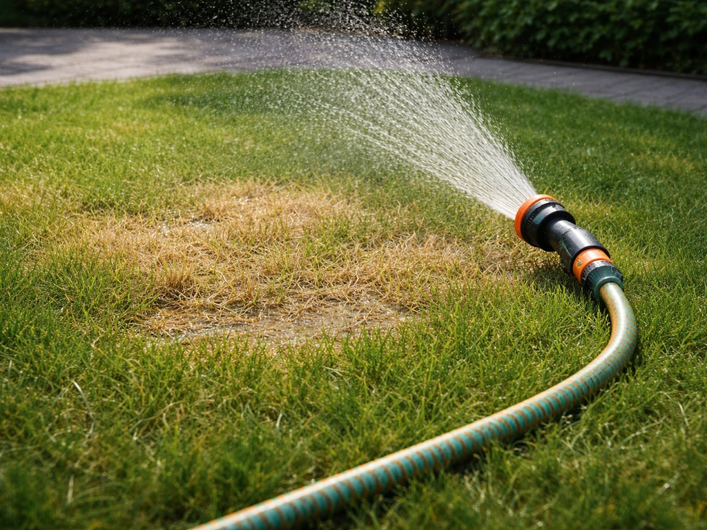 Gericht sproeiwater op dorre plekken in het gazon, met tuinslang in een rustige tuin.
