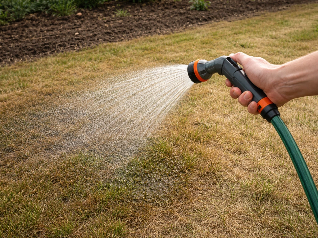 Tuinslang met sproeier besproeit een lege, droge gazonstrook terwijl het water in de grond trekt