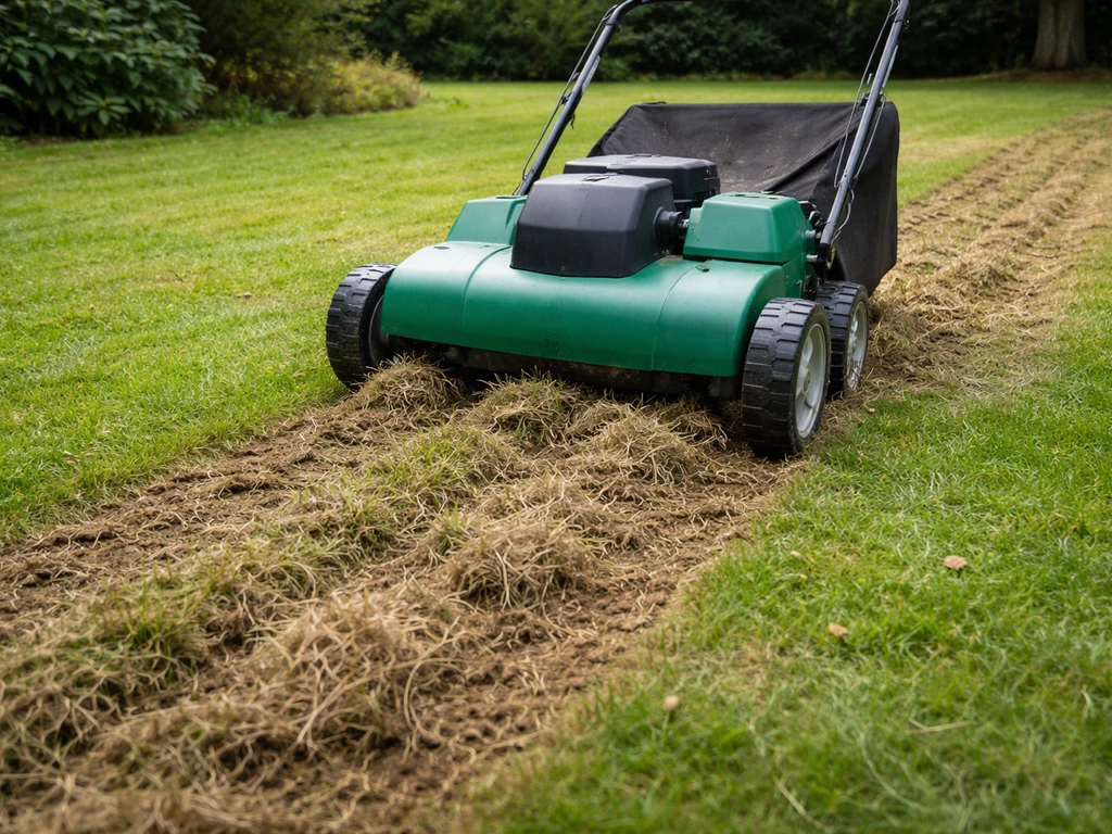 Verticuteer-/beluchtingsmachine rijdt door het gazon; open bodem en losgewoelde viltlaag zichtbaar.