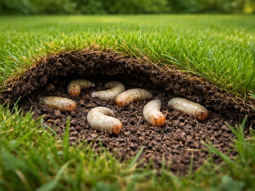 Losse grasmat met witte engelieren/larven zichtbaar in de grond, herkenning van een plaag