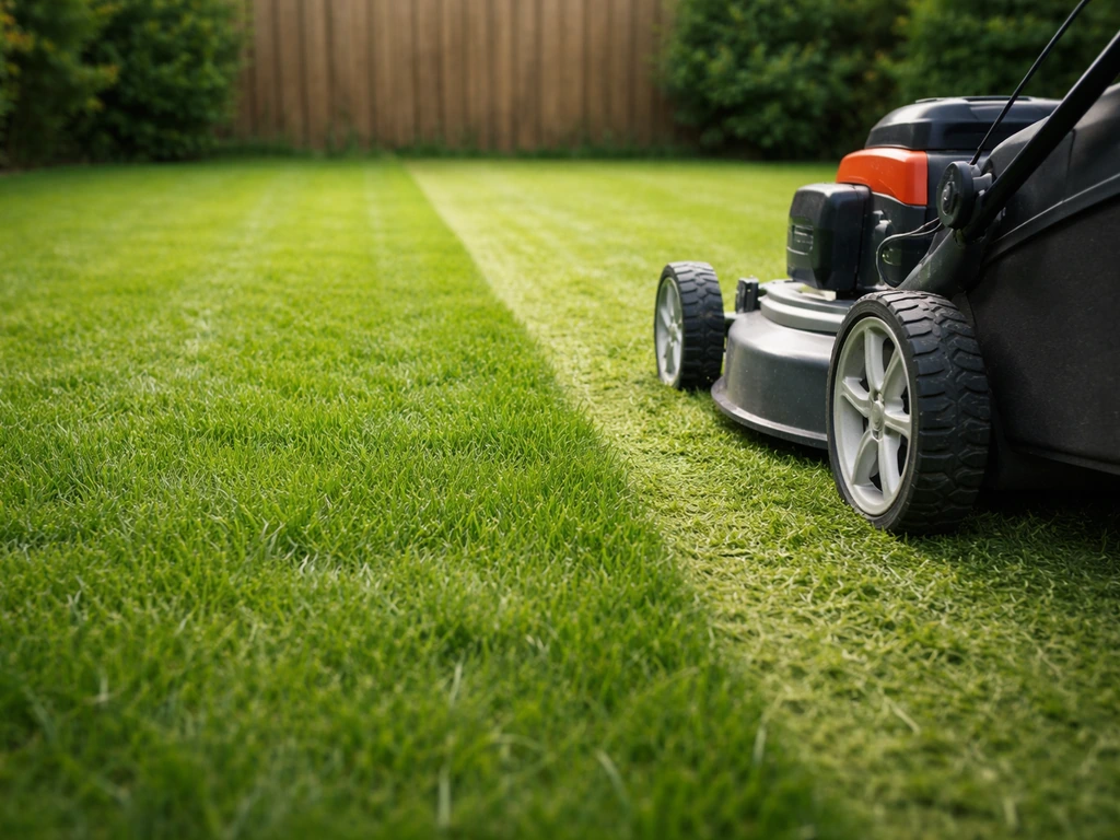 Maaibeurt in een tuin: maaier rijdt over het gazon en het gras oogt net en op de juiste hoogte.