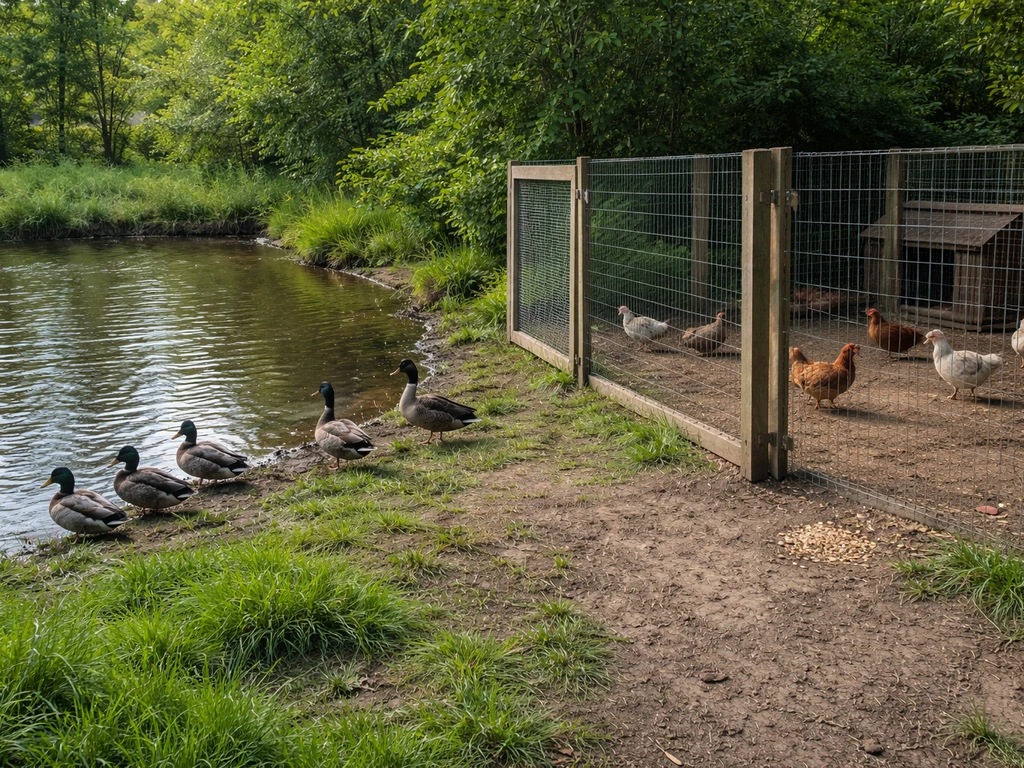 Backyard pond beside a chicken run, with wild waterfowl near the water creating exposure risk.