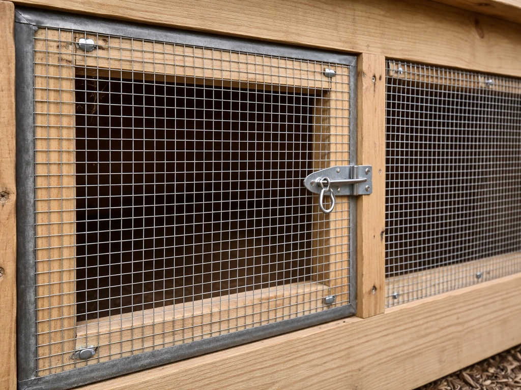 Close-up of a chicken coop opening covered with hardware cloth, with other barriers blocking wild birds