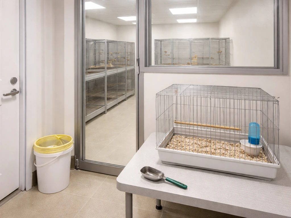 Minimal bird quarantine setup with separate cages and a clear divider between holding and main flock area.