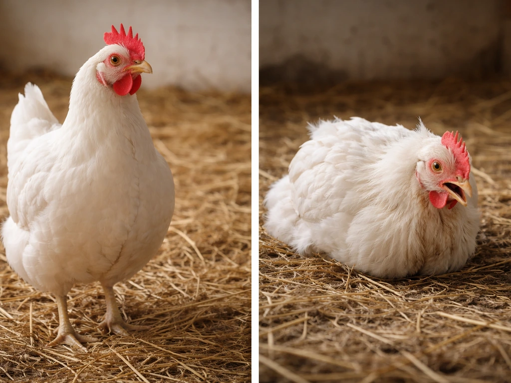 Two chickens side by side: one alert and healthy, one slumped with mild respiratory distress