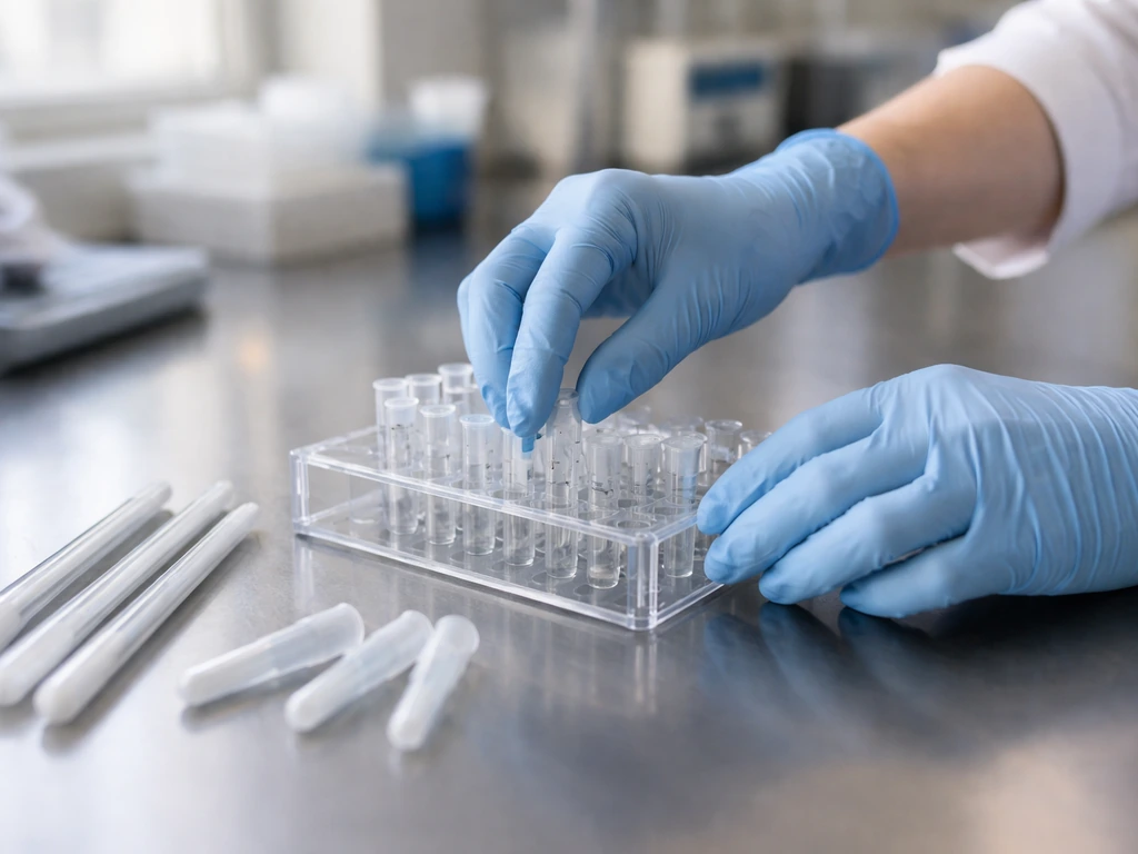 Technician’s gloved hands preparing avian flu lab test tubes in a clean lab workflow setup