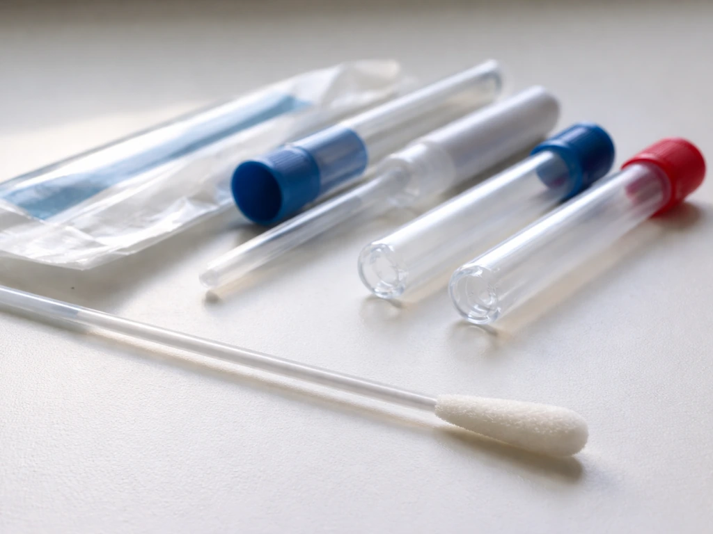 Close-up of a poultry sampling swab and sterile specimen tubes for tracheal/oropharyngeal collection.