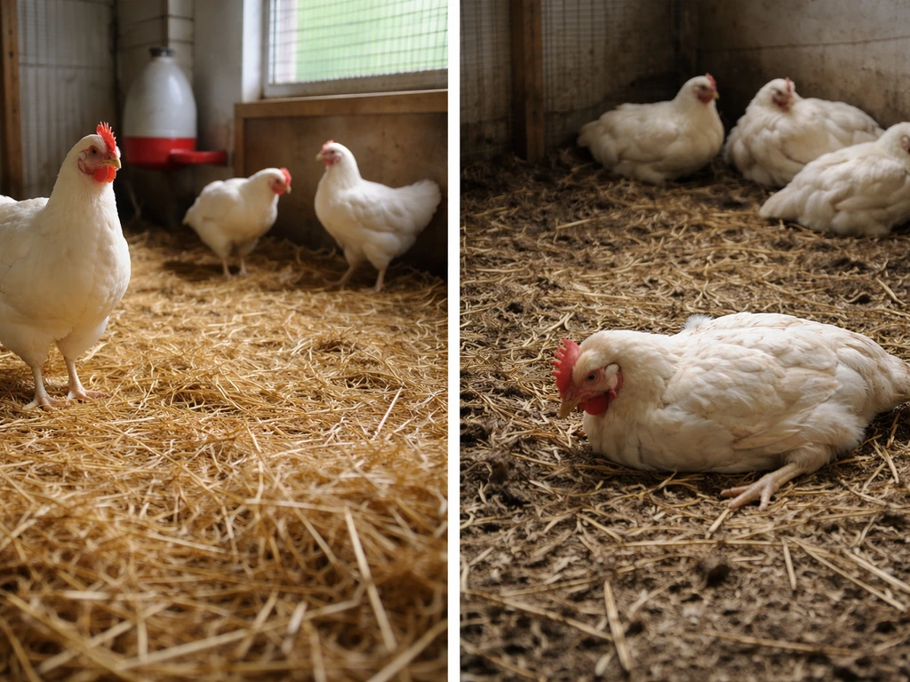 Minimal split scene of chickens: one healthy in a coop and one weak in straw, contrasting outcomes.