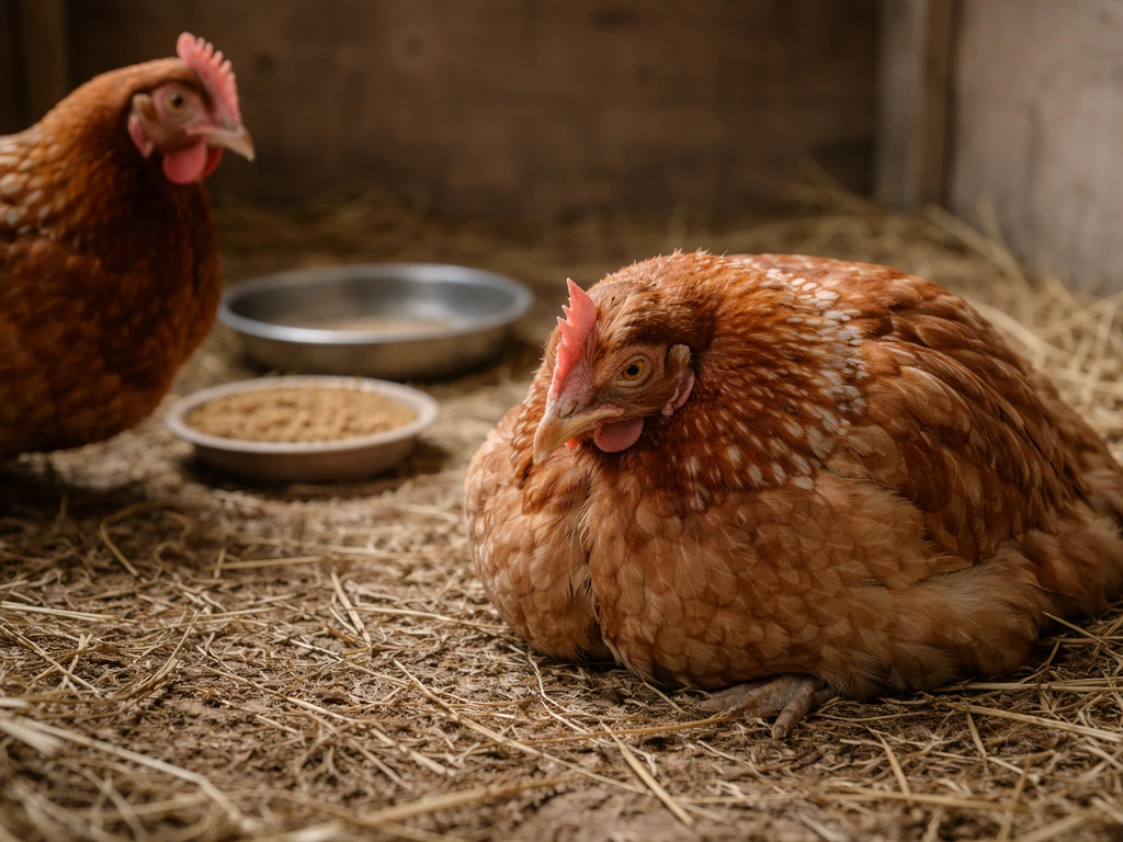 Lethargic chicken hunched near feed and water in a quiet coop, showing refusal to eat or move.