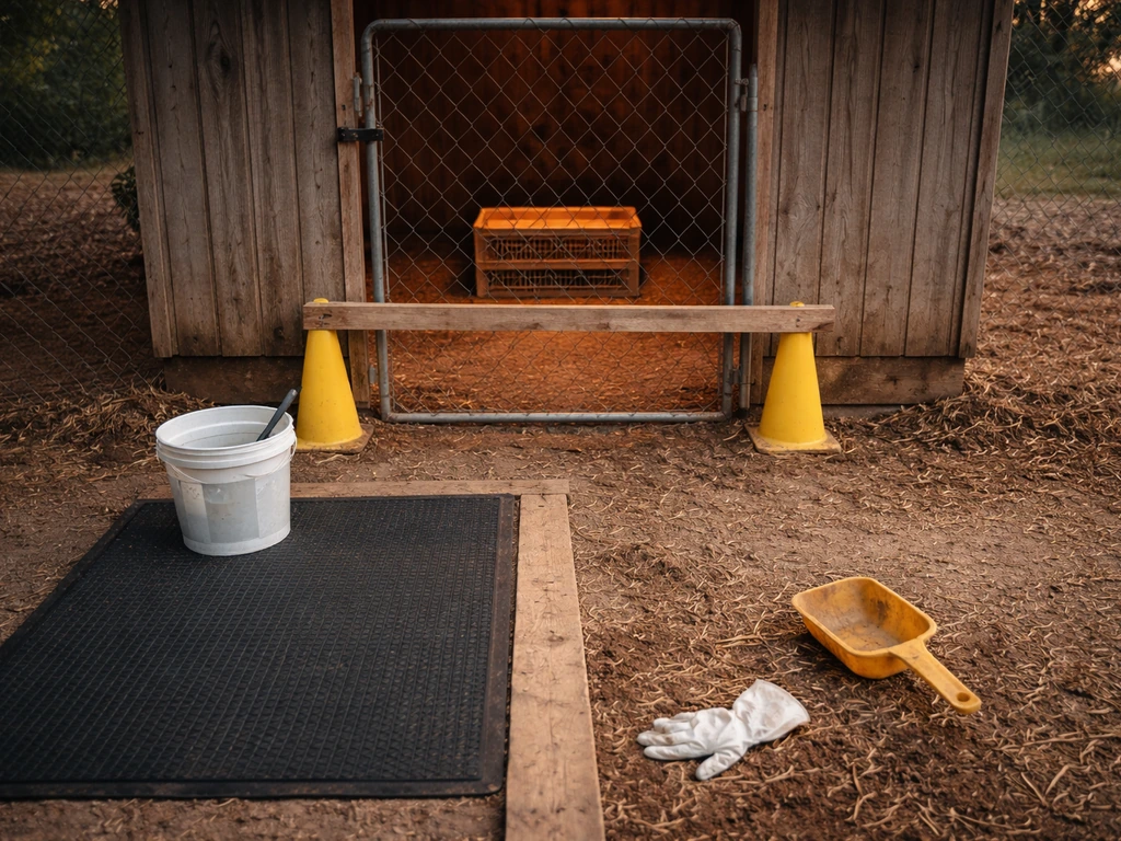 Closed coop gate and clean vs dirty handling area setup for urgent bird flu response