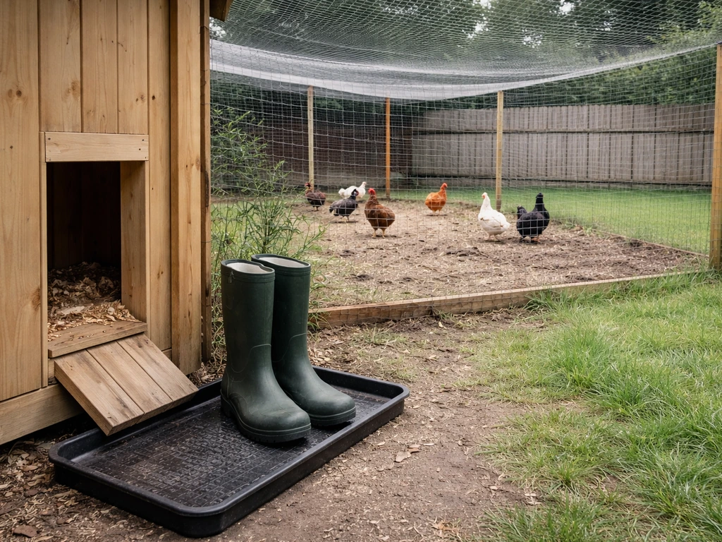 Boot tray with dedicated rubber boots next to a netted chicken run keeping wild birds out.