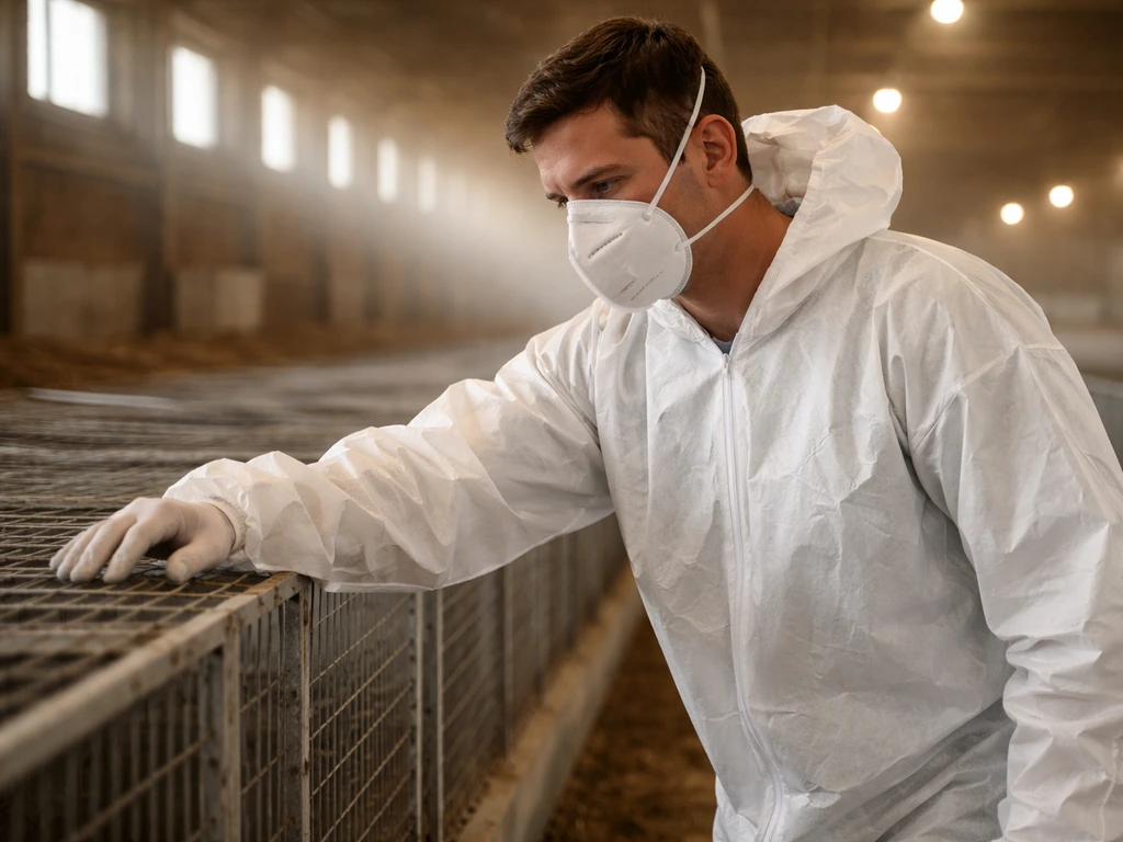 Farm worker in a barn wearing a visible N95 respirator seal while inspecting a simple poultry area.