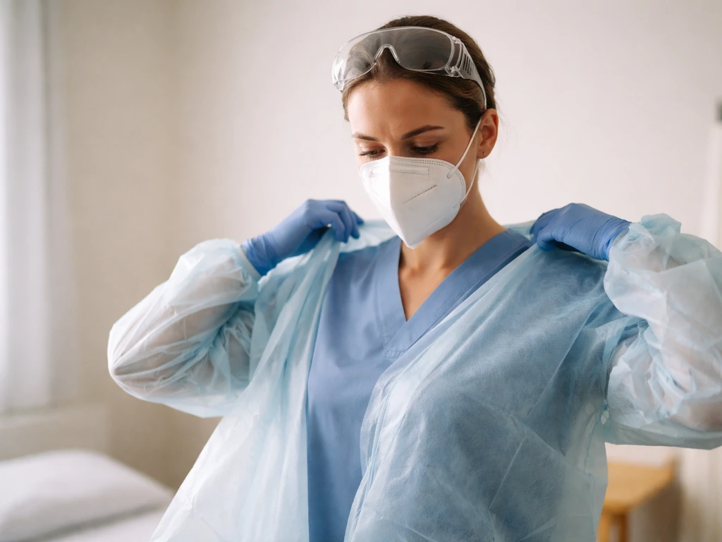 Caregiver in a caregiving room wearing an N95 respirator while donning protective gear near a clean surface.