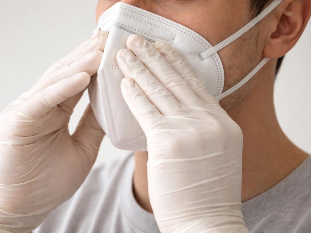 Close-up of gloved hands adjusting an N95 respirator nosepiece and chin for a proper seal.