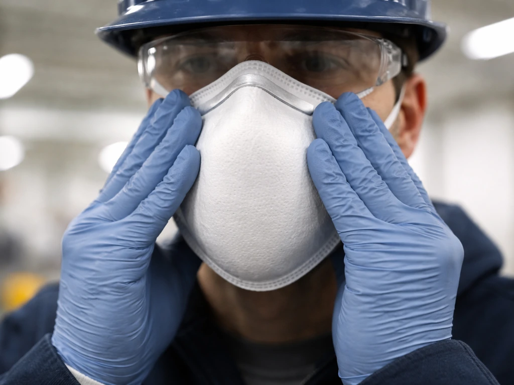 Close-up of gloved hands performing a positive pressure respirator seal check over the mask