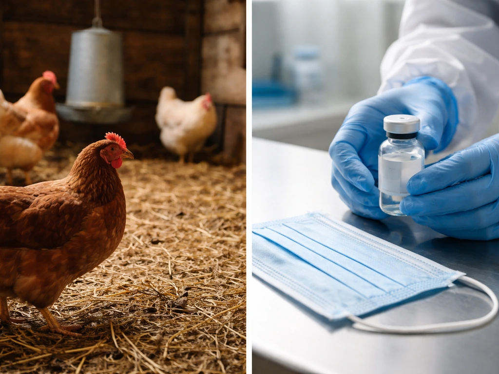 Split image: poultry coop on one side and clinical antiviral/health-protection scene on the other.