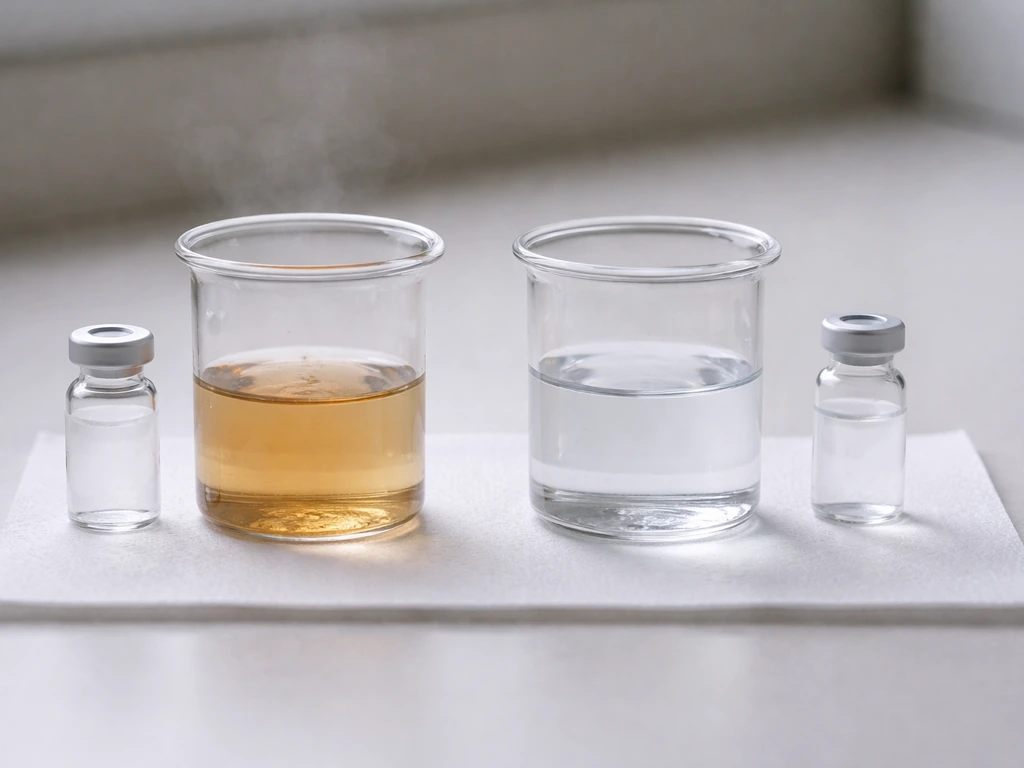 Minimal medical scene showing partial control vs complete cure with two empty glass beakers and a sealed vial.