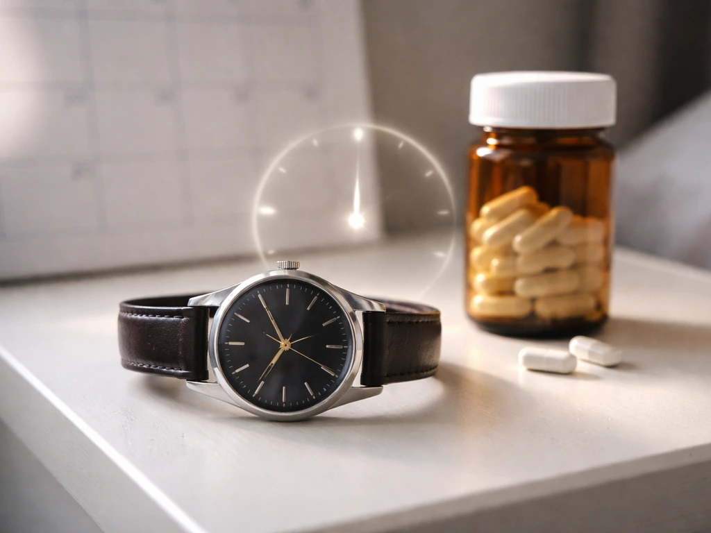 Wristwatch and pill bottle on a bedside table, visual cue of starting antivirals within 48 hours.