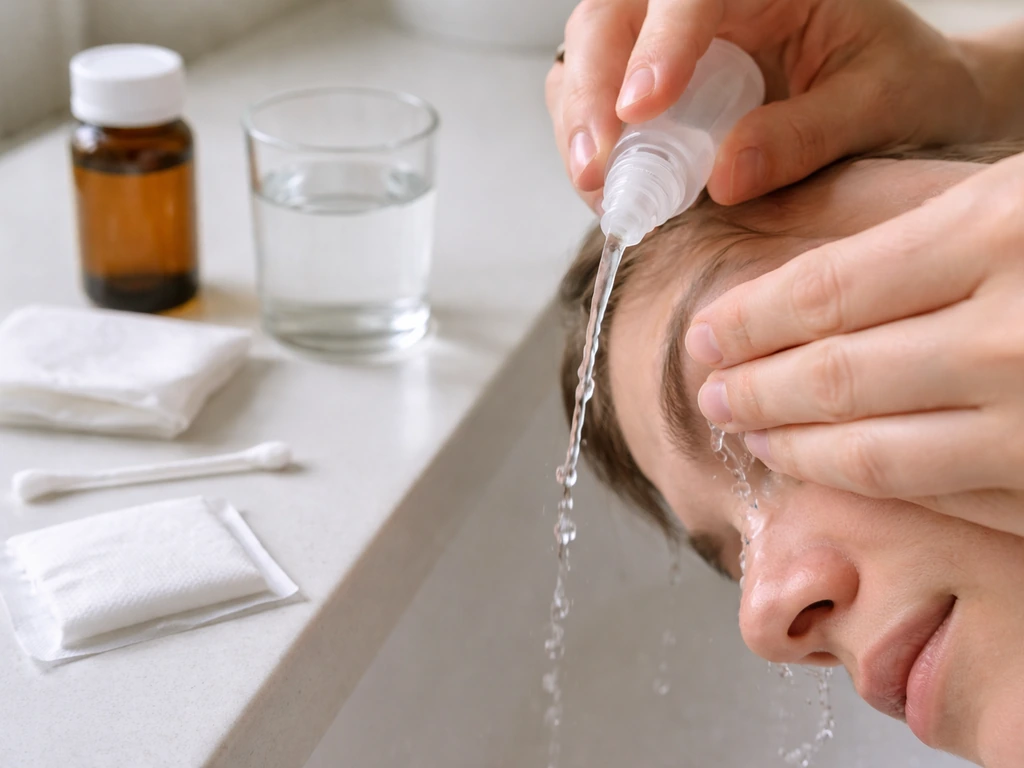 Hands rinsing an eye with a squeeze bottle on a bathroom counter, with mask and gauze nearby.