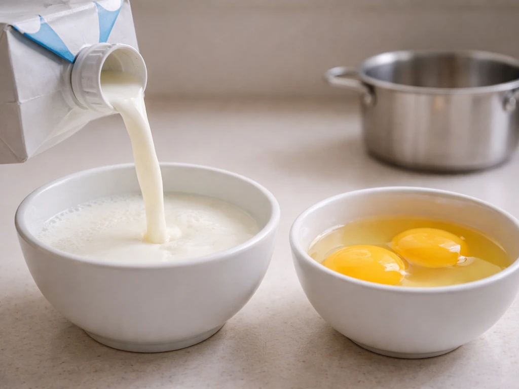 Close-up of a carton of milk and a small bowl of cracked eggs on a clean kitchen counter