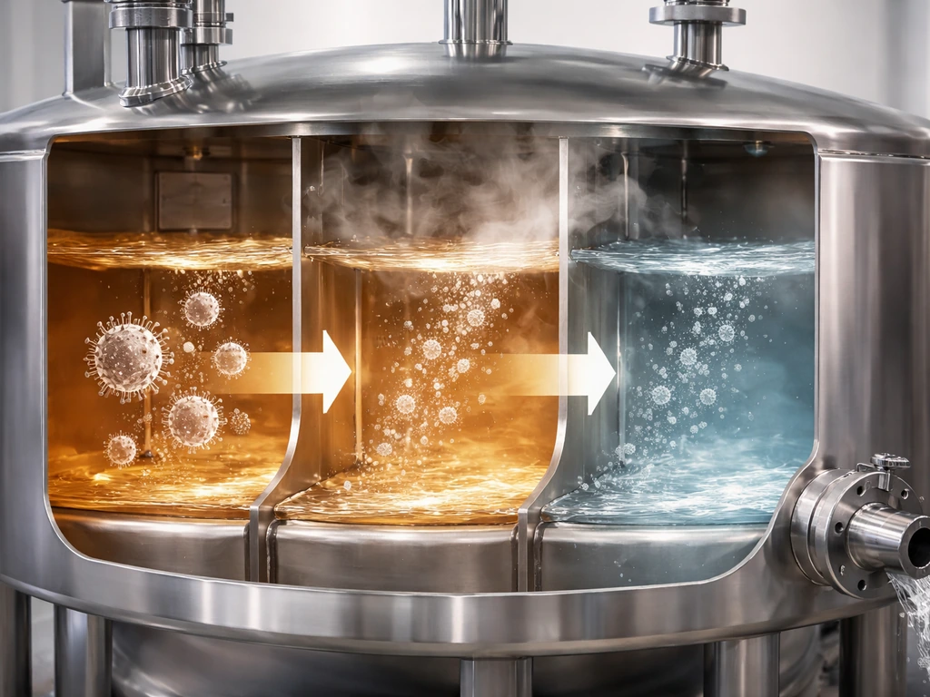Minimal cutaway view of a pasteurization vat with virus-like particles breaking apart across heating zones.
