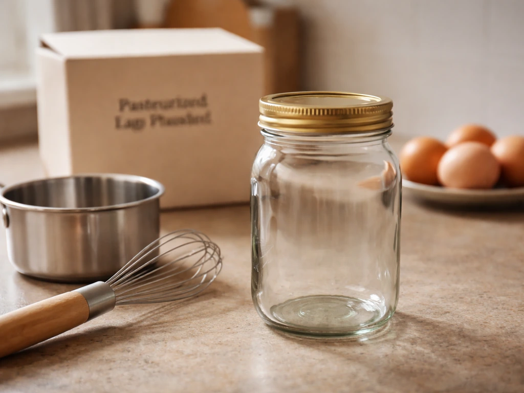 Pasteurized liquid egg carton and saucepan in foreground, raw shell eggs blurred in background on counter.