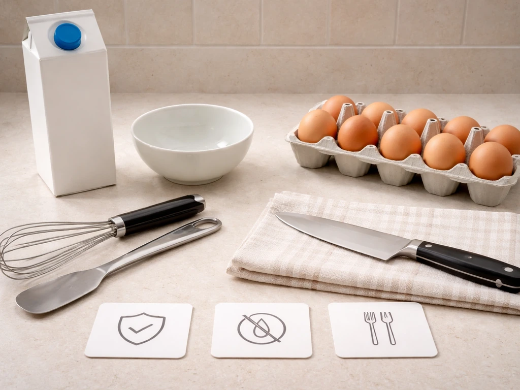 Pasteurized milk carton and eggs on a clean kitchen counter with simple blank safety icon cards.