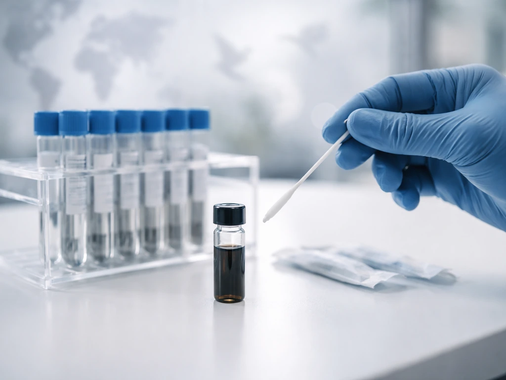 Close-up of a lab swab and test vial with a subtle bird-flu themed avian silhouette background