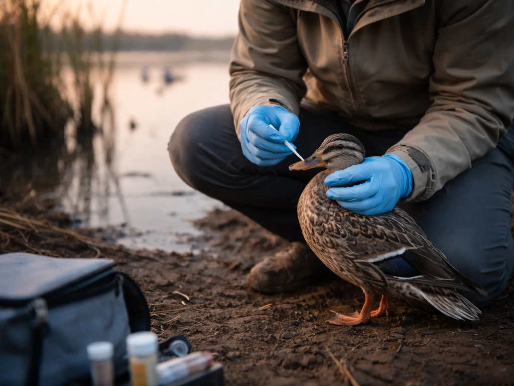 Field team collects a sample from a wild bird near a quiet wetland during bird surveillance.