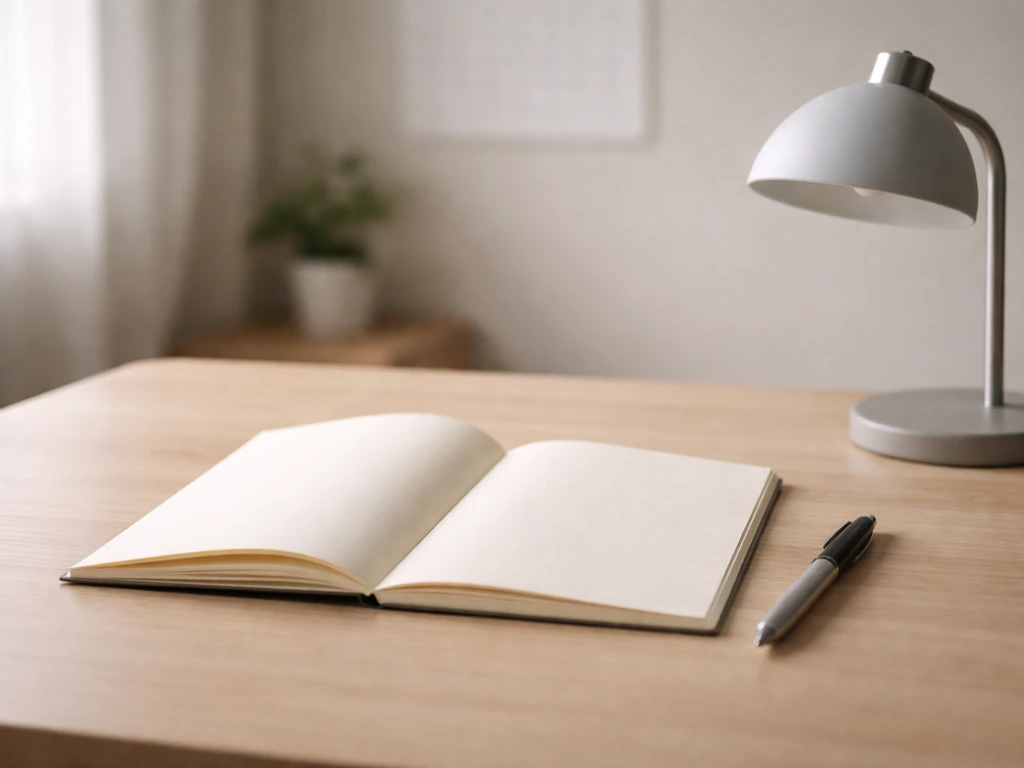 Minimal photo of a calm office desk with a single notebook and pen, symbolizing yearly health case tracking.