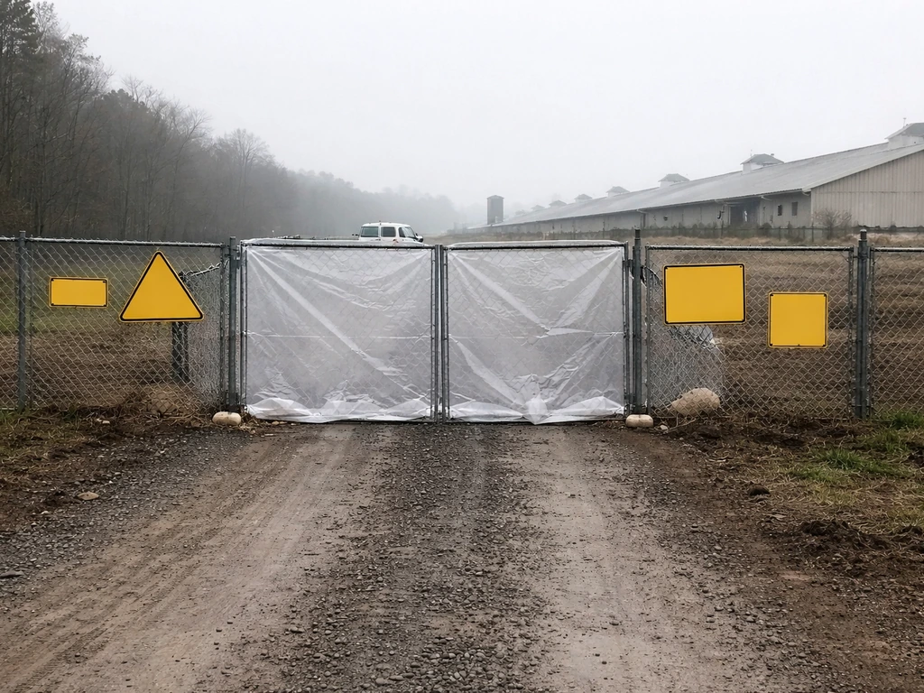Poultry farm entrance with sealed gates and warning signage during bird flu culling response.